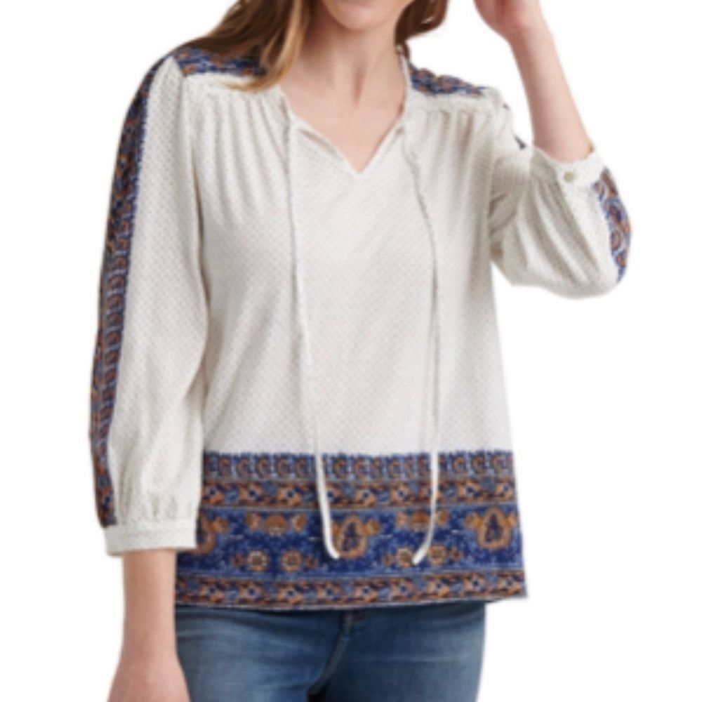 LUCKY BRAND 3/4 sleeve Cotton Peasant Top Boho Western Design Size Small